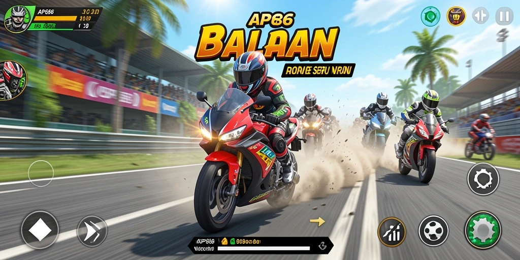 Screenshot gameplay AP686 menampilkan aksi balapan motor yang mendebarkan.