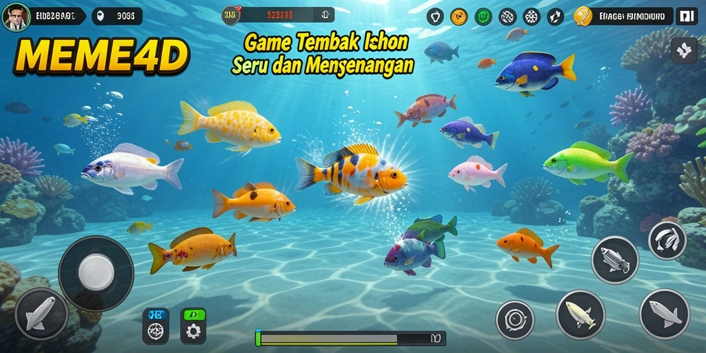 Screenshot gameplay MEME4D menampilkan aksi seru saat menembak ikan.